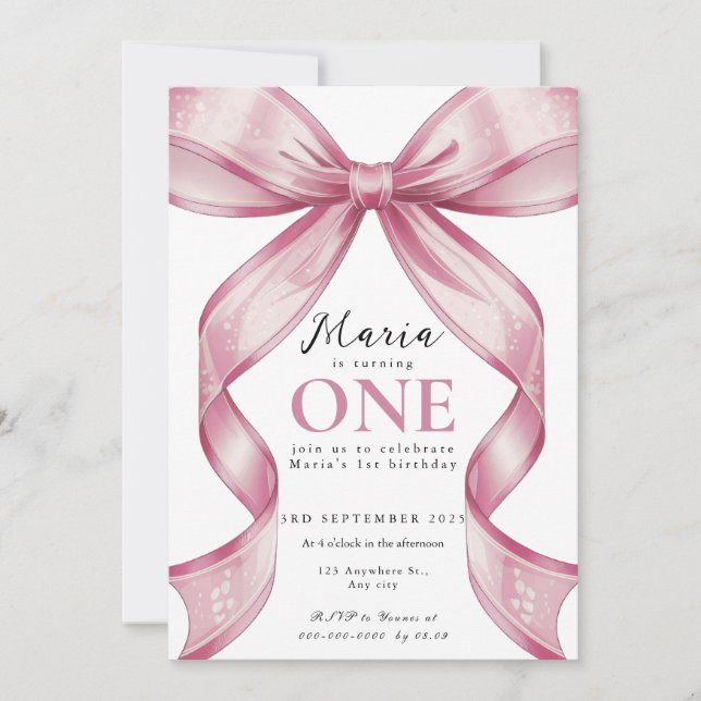 Sparkle Pink Coquette Bow 1st Invitation (Front)