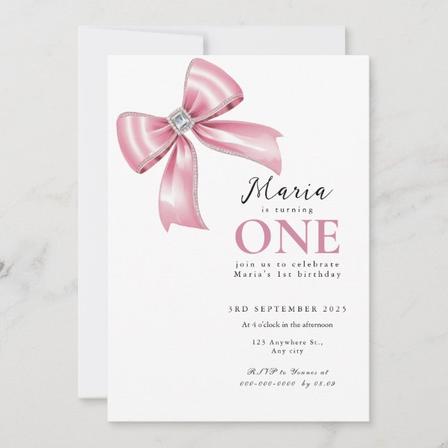 Sparkle Pink Coquette Bow 1st Invitation (Front)