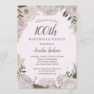 Sparkle Pink Floral 100th Birthday Party Invitation