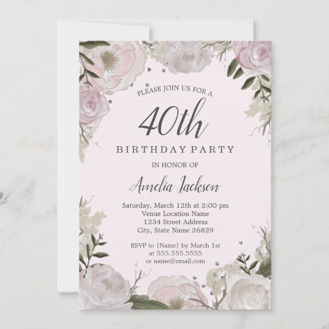 Sparkle Pink Floral 40th Birthday Party Invitation (Front)