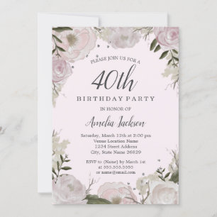 Sparkle Pink Floral 40th Birthday Party Invitation