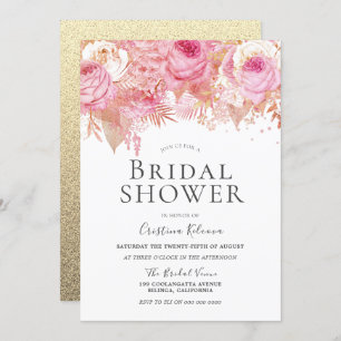 Sparkle Pink Flowers Elegant Bridal Shower Invitation