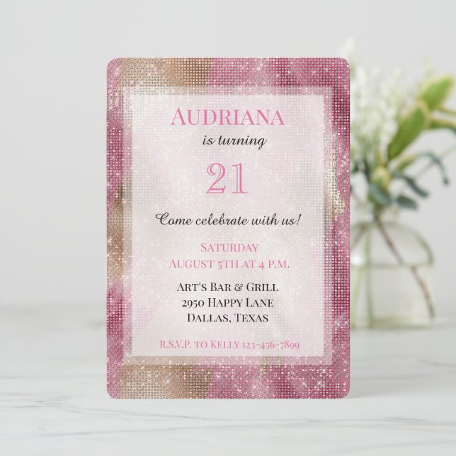 Sparkle Pink Gold Cowgirl Cowhide Birthday Invitation (Standing Front)