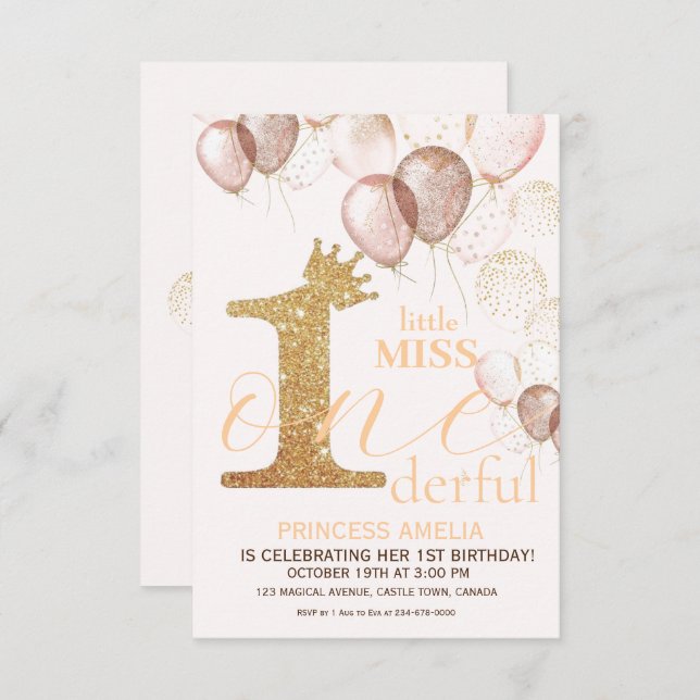 Sparkle Pink Gold Crown Princess First Birthday Invitation (Front/Back)