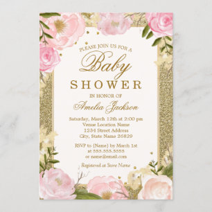 Sparkle Pink Gold Floral Baby Shower Invitation