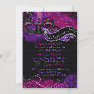 Sparkle Pink & Purple Mask Masquerade Quinceanera Invitation