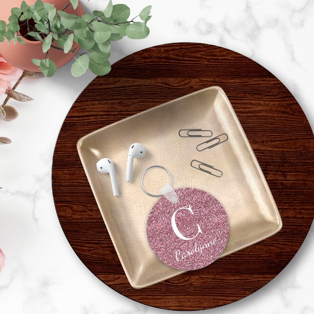 Sparkle Pink Rose Gold Faux Glitter Monogram Key Ring (Creator Uploaded)