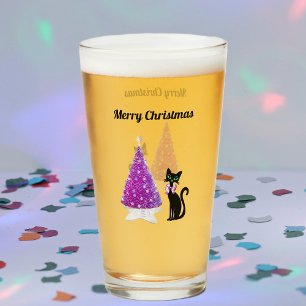 Sparkle Pink Silver Christmas Tree Black Cat Bow Glass