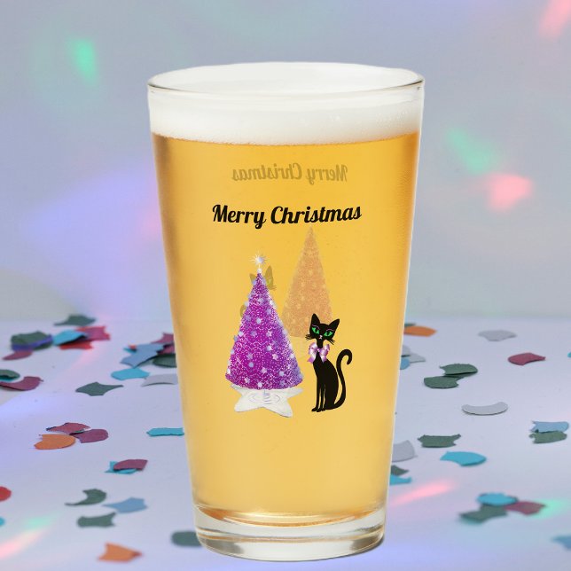 Sparkle Pink Silver Christmas Tree Black Cat Bow Glass (Sparkle pink silver tree black cat pink bow on Merry Christmas drinking glass.)