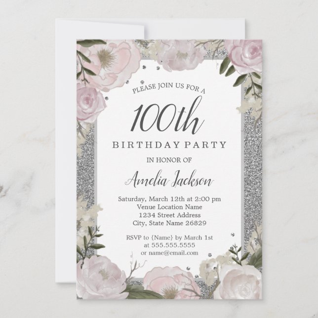 Sparkle Pink Silver Floral 100th Birthday Party Invitation (Front)