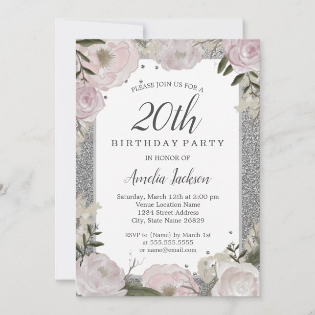 Sparkle Pink Silver Floral 20th Birthday Invitation (Front)