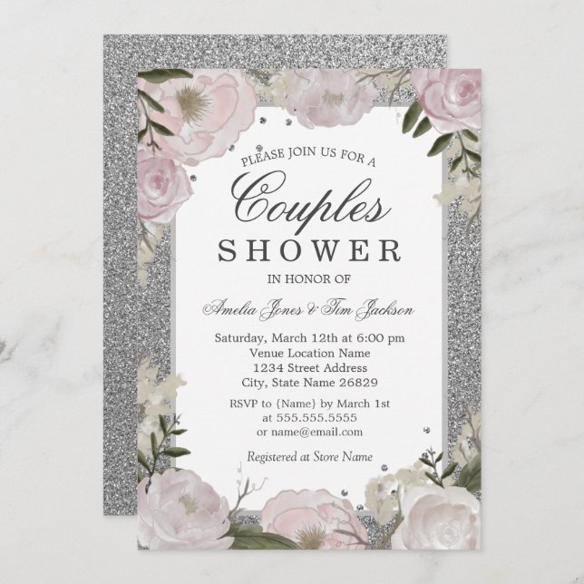 Sparkle Pink Silver Floral Couple Shower Invitation (Front/Back)