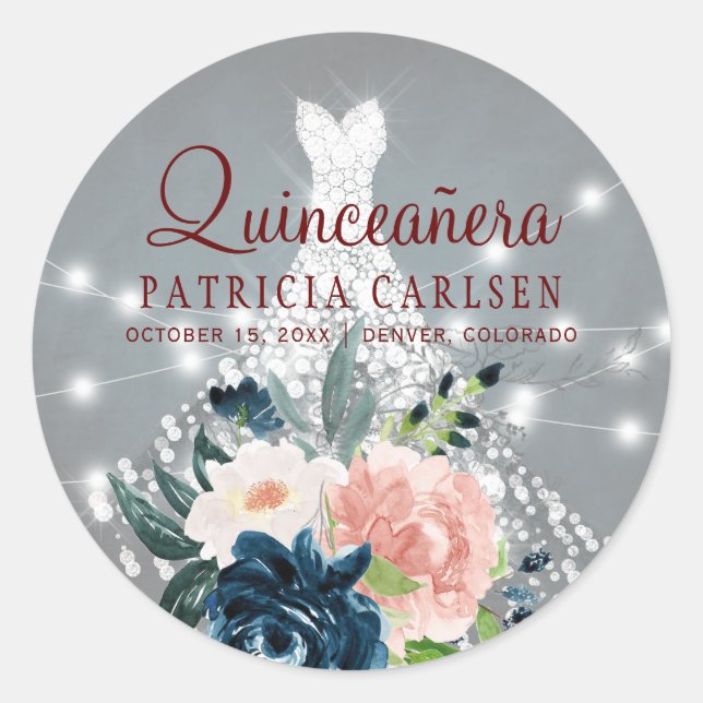 Sparkle princess diamond dress floral quinceanera classic round sticker (Front)