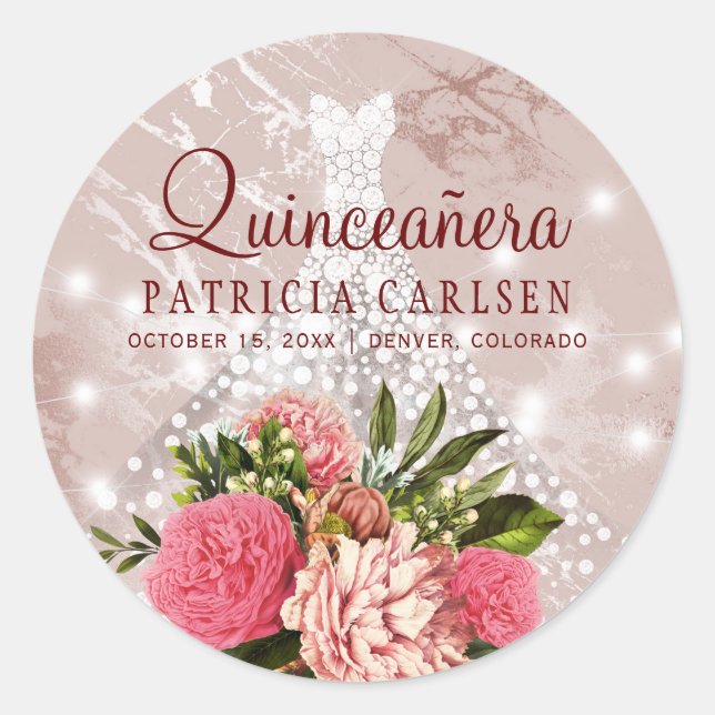 Sparkle princess diamond dress floral quinceanera classic round sticker (Front)