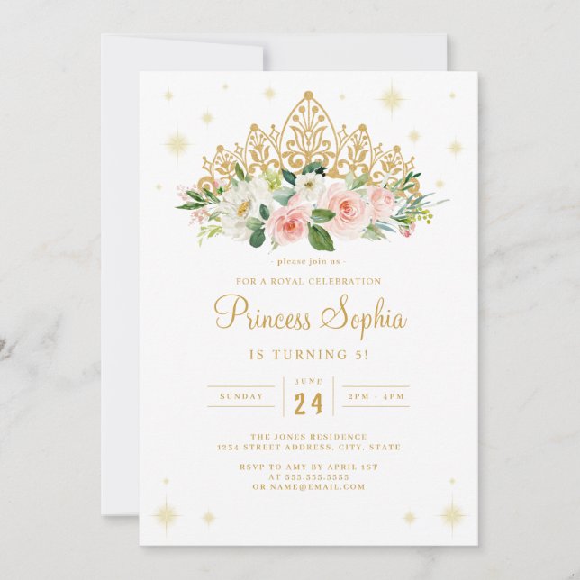Sparkle Princess Floral Tiara Birthday Invitation (Front)