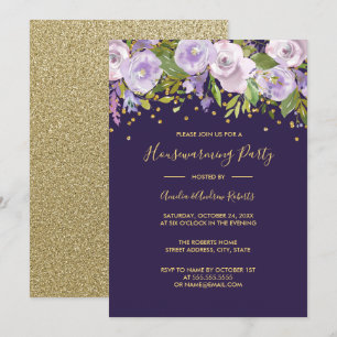Sparkle Purple Floral Housewarming Party Invite