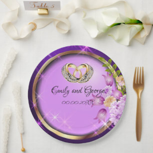 Sparkle Purple Flowers Customisable Wedding Party Paper Plate