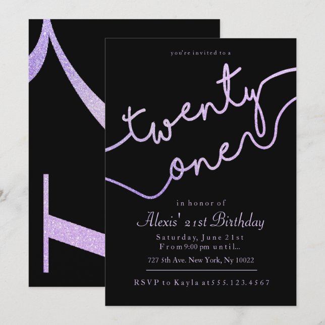 Sparkle, Purple Glitter 21st Birthday Invitations (Front/Back)