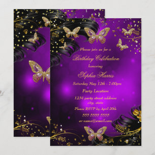 Sparkle purple Gold Black Butterfly Birthday party Invitation