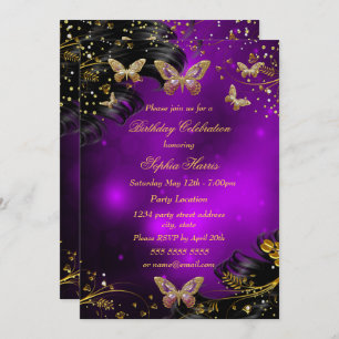 Sparkle purple Gold Black Butterfly Birthday party Invitation