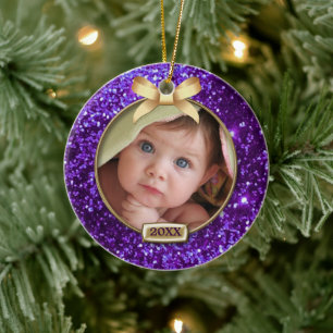Sparkle Purple/Gold Bow Photo Ceramic Tree Decoration