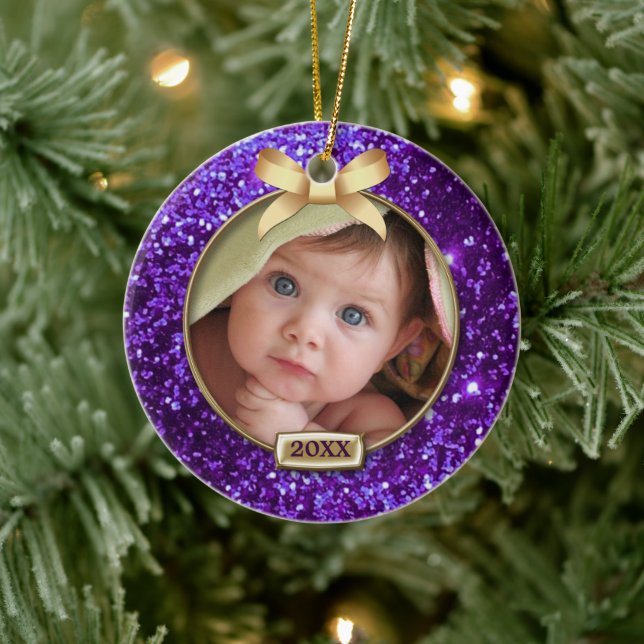 Sparkle Purple/Gold Bow Photo Ceramic Tree Decoration (Tree)