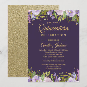 Sparkle Purple Gold Floral Quinceanera Invite