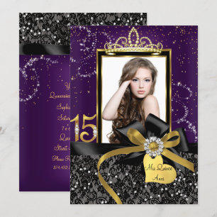 Sparkle Purple Gold Lace & Bow Photo Quinceanera Invitation