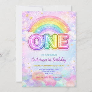 Sparkle Rainbow 1st Birthday Party Invitation