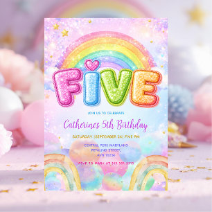 Sparkle Rainbow 5th Birthday Party Invitation