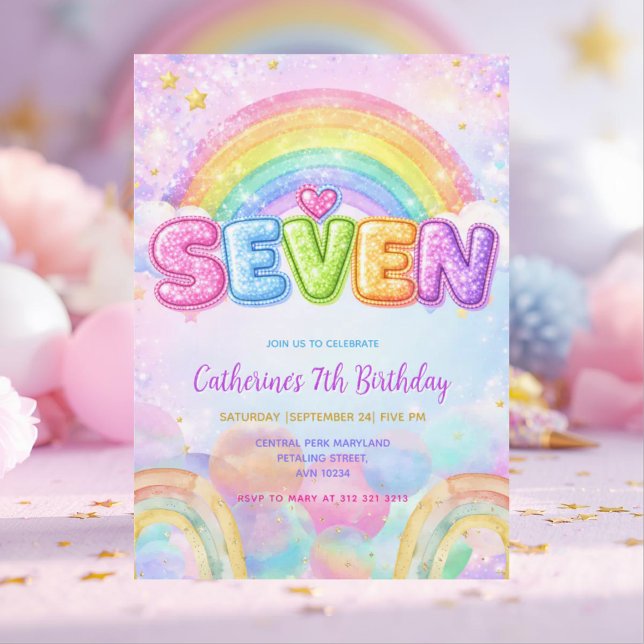 Sparkle Rainbow 7th Birthday Party Invitation (Creator Uploaded)