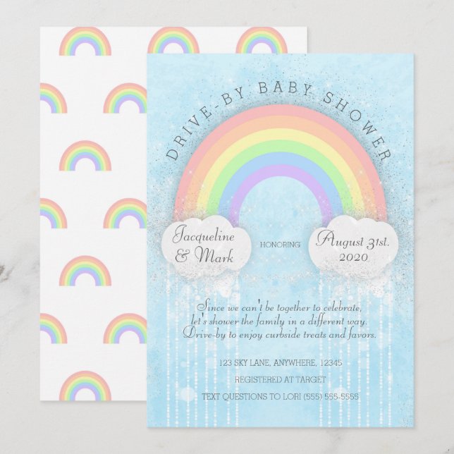 Sparkle Rainbow Drive-By Baby Shower Invitation (Front/Back)