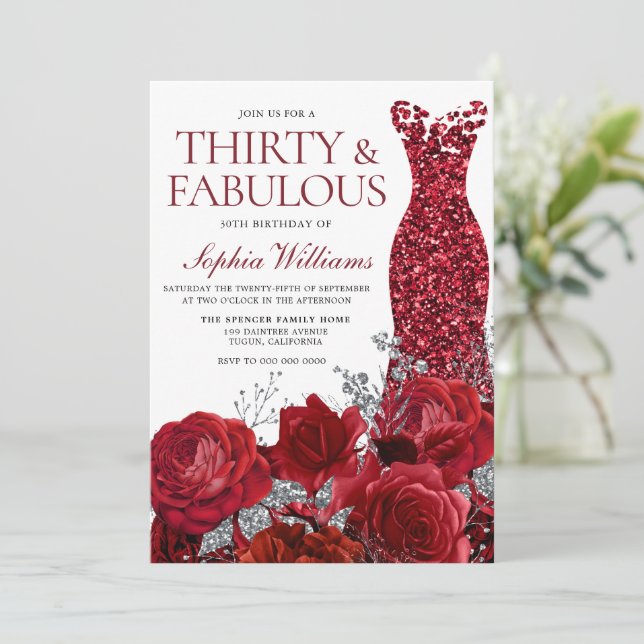 Sparkle Red Dress & Roses 30th Birthday Party Invitation (Standing Front)