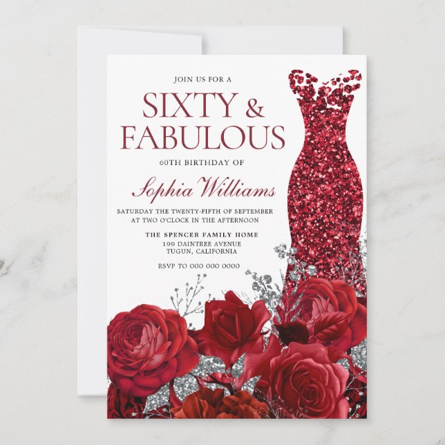 Sparkle Red Dress & Roses 60th Birthday Party Invitation (Front)
