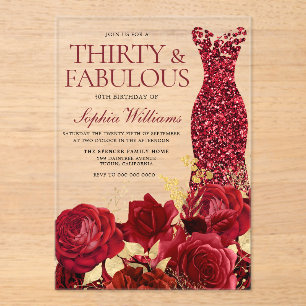 Sparkle Red Dress Roses Gold Leaf 30th Birthday Acrylic Invitations