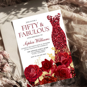Sparkle Red Dress Roses Gold Leaf 50th Birthday Invitation