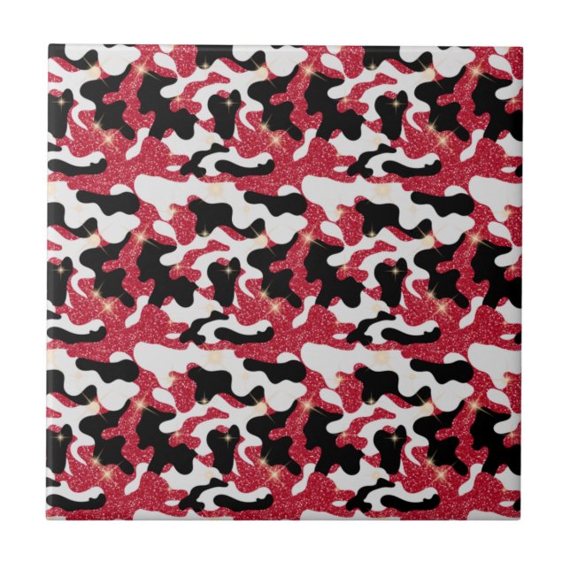 Sparkle Red White Black Camouflage Camo Ceramic Tile (Front)