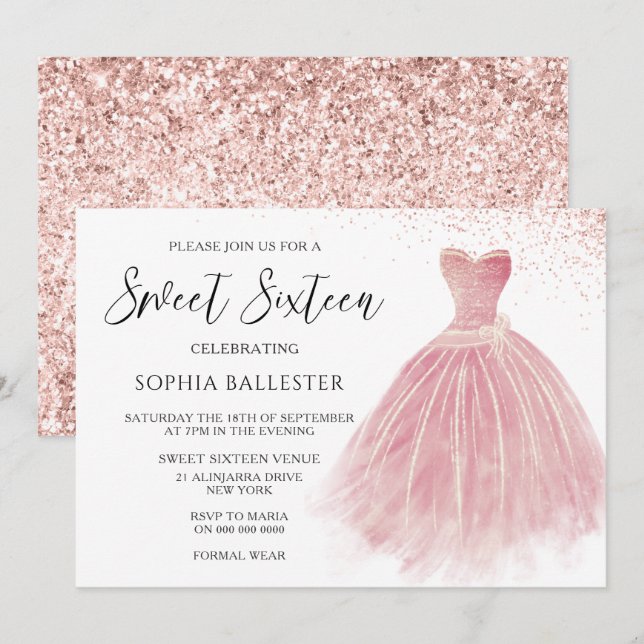 Sparkle Rose Gold Blush Gown Sweet 16 Party Invitation (Front/Back)