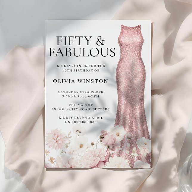 Sparkle Rose Gold Dress Blush Floral 50th Birthday Invitation (Creator Uploaded)