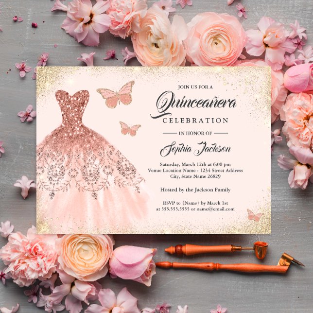 Sparkle Rose Gold Dress Butterfly Quinceanera Invitation (Creator Uploaded)