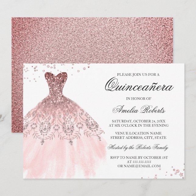 Sparkle Rose Gold Dress Quinceanera Invitation (Front/Back)