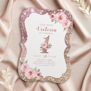 Sparkle rose gold glitter and floral 1st birthday invitation