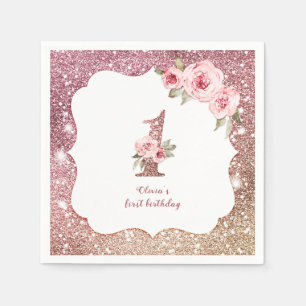 Sparkle rose gold glitter and floral 1st birthday napkin
