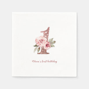 Sparkle rose gold glitter and floral 1st birthday napkin