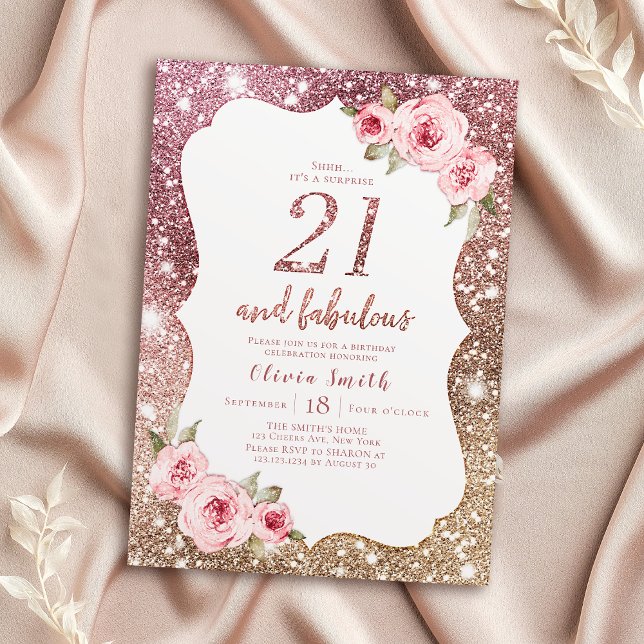 Sparkle rose gold glitter and floral 21st birthday invitation (Sparkle rose gold glitter and floral 21st birthday invitation)