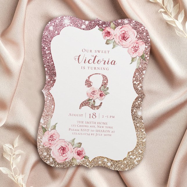 Sparkle rose gold glitter and floral 2nd birthday invitation (Sparkle rose gold glitter and floral 2nd birthday invitation)