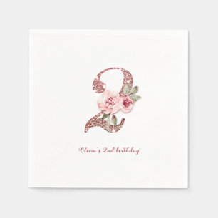 Sparkle rose gold glitter and floral 2nd birthday napkin