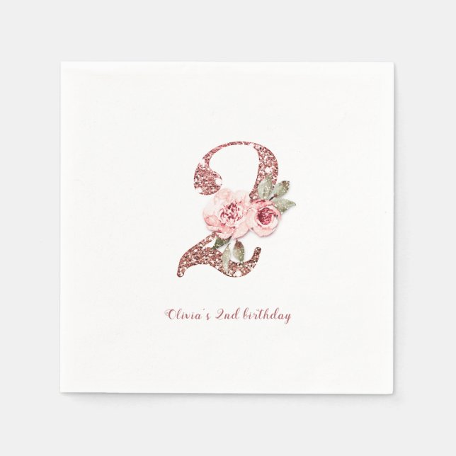 Sparkle rose gold glitter and floral 2nd birthday napkin (Front)