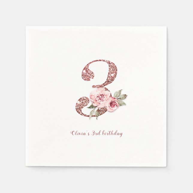 Sparkle rose gold glitter and floral 3rd birthday napkin (Front)