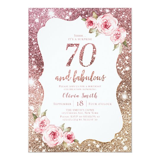 Sparkle rose gold glitter and floral 70th birthday invitation | Zazzle ...